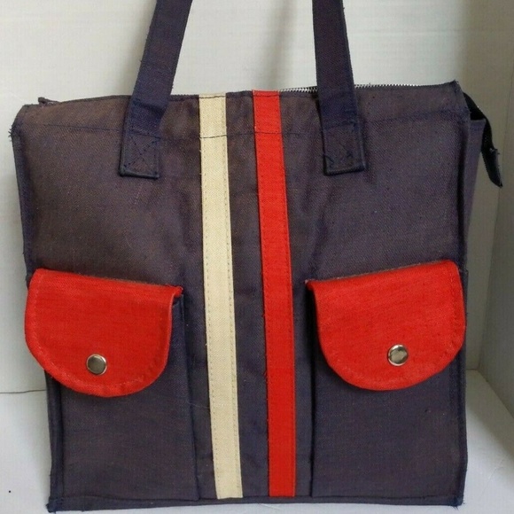 Interpur Tote Bag Blue with Red Pockets Stripes - Picture 1 of 7
